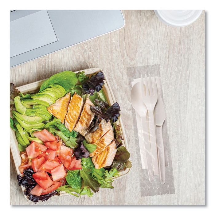 EcoSense Renewable PSM Wrapped Cutlery Kit, Fork/Knife/Napkin/Spoon, Plastic, White, 250/Carton