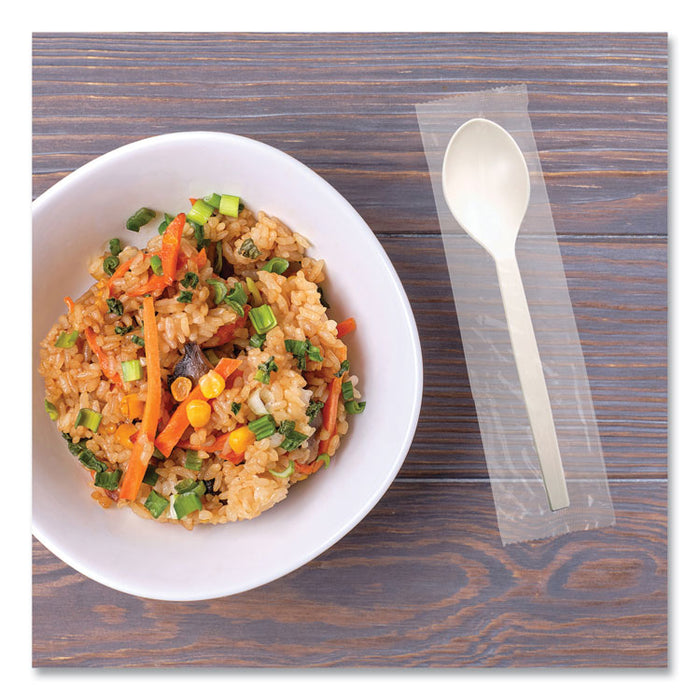 EcoSense Renewable Plant Starch Cutlery, Individually Wrapped, Mediumweight Spoon, Plastic, Natural, 750/Carton