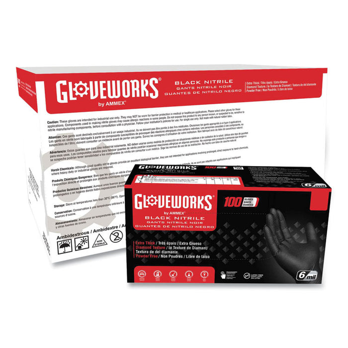 Heavy-Duty Industrial Nitrile Gloves, Powder-Free, Large, 6 mil Thick, 9.5" Long, Black, 100/Box, 10 Boxes/Carton