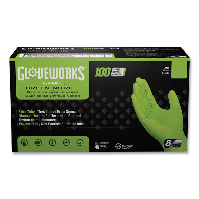 Heavy-Duty Industrial Nitrile Gloves, Powder-Free, Large, 8 mil Thick, 9.5" Long, Green, 100/Box, 10 Boxes/Carton