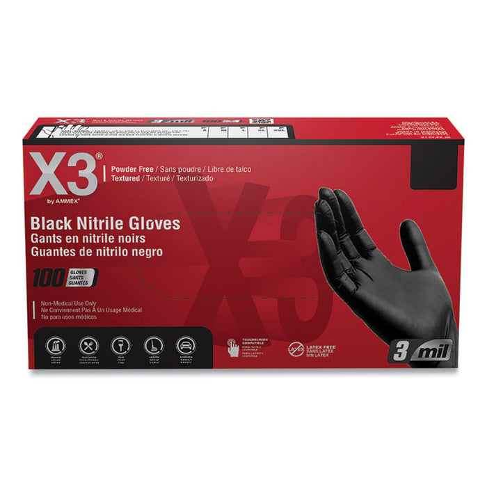 Industrial Nitrile Gloves, Powder-Free, X-Large, 3 mil Thick, 9.5" Long, Black, 100/Box, 10 Boxes/Carton