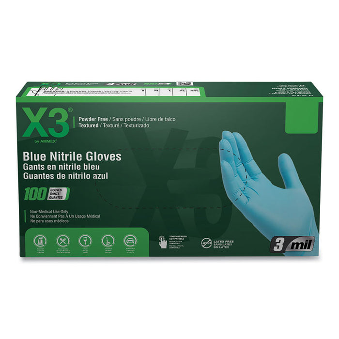Industrial Nitrile Gloves, Powder-Free, X-Large, 3 mil Thick, 9.5" Long, Blue, 100/Box, 10 Boxes/Carton
