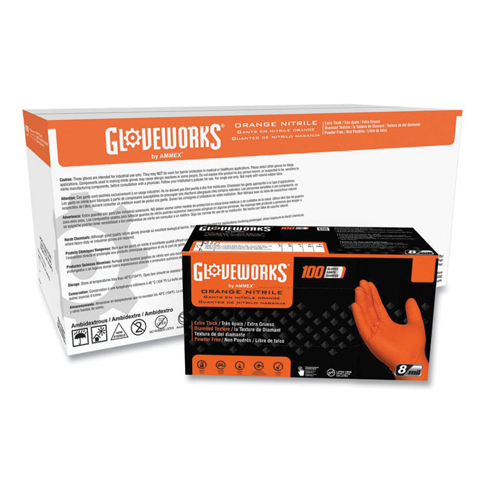 Heavy-Duty Industrial Nitrile Gloves, Powder-Free, Large, 8 mil Thick, 9.5" Long, Orange, 100/Box, 10 Boxes/Carton