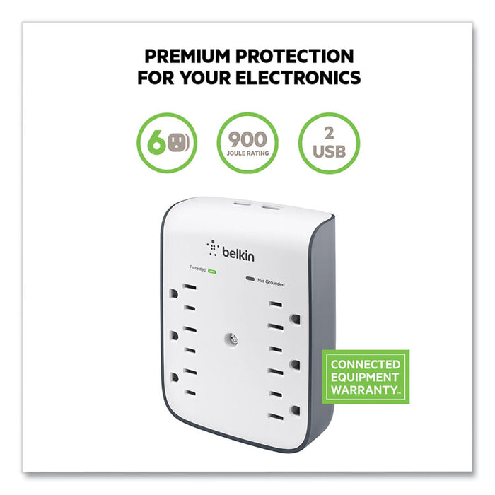 SurgePlus USB Wall Mount Charger, 6 AC Outlets/2 USB Ports, 900 J, White/Black
