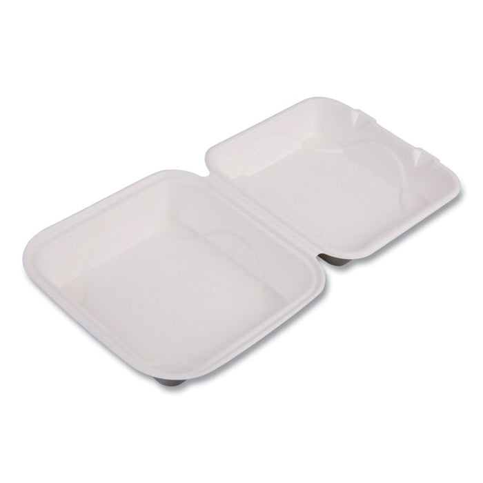 Vanguard Renewable and Compostable Sugarcane Clamshells, 8 x 8 x 3, White, 200/Carton