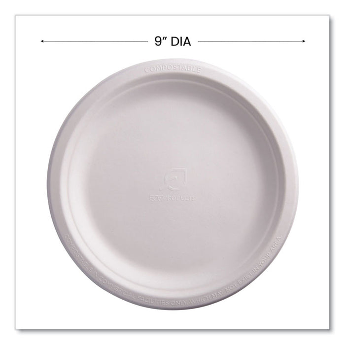 Vanguard Renewable and Compostable Sugarcane Plates, 9" dia, White, 500/Carton