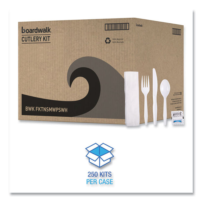 Six-Piece Cutlery Kit, Mediumweight, Fork/Knife/Napkin/Pepper/Salt/Spoon, Plastic, White, 250/Carton