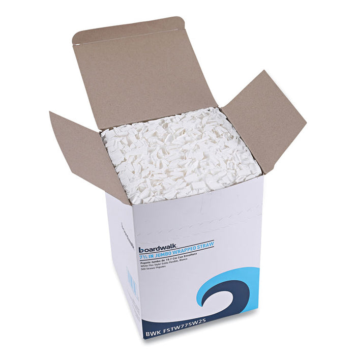 Flexible Wrapped Straws, 7.75", Plastic, White, 500/Pack, 20 Packs/Carton