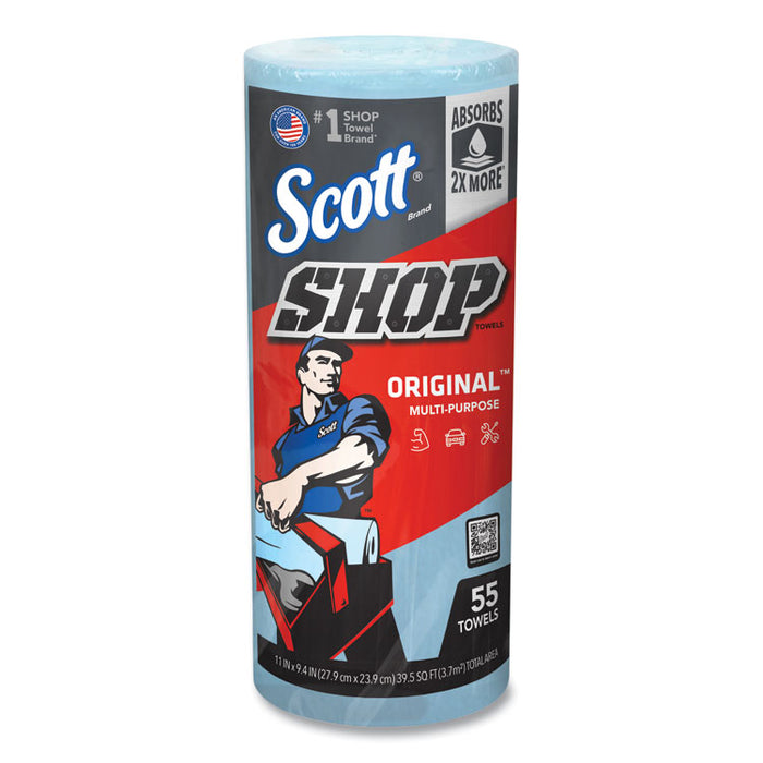Shop Towels, Standard Roll, 1-Ply, 9.4 x 11, Blue, 55/Roll, 30 Rolls/Carton