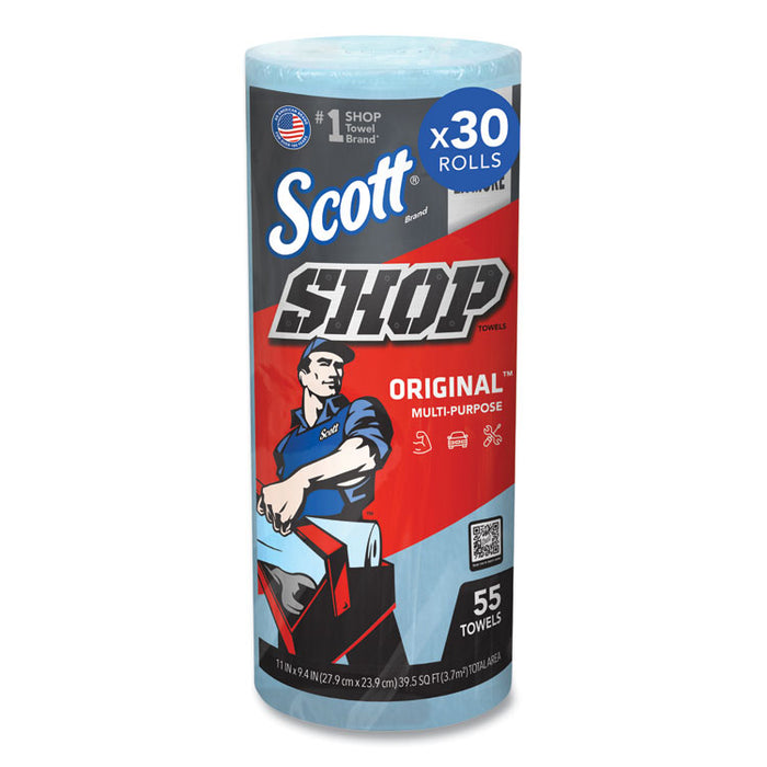 Shop Towels, Standard Roll, 1-Ply, 9.4 x 11, Blue, 55/Roll, 30 Rolls/Carton