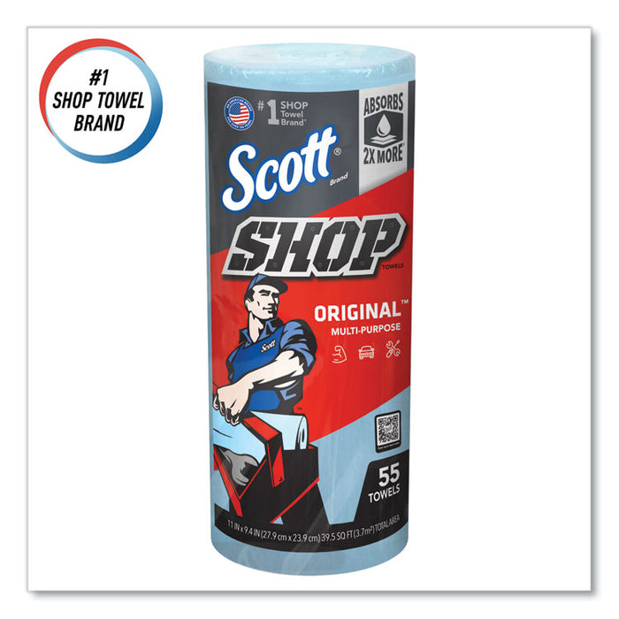 Shop Towels, Standard Roll, 1-Ply, 9.4 x 11, Blue, 55/Roll, 30 Rolls/Carton