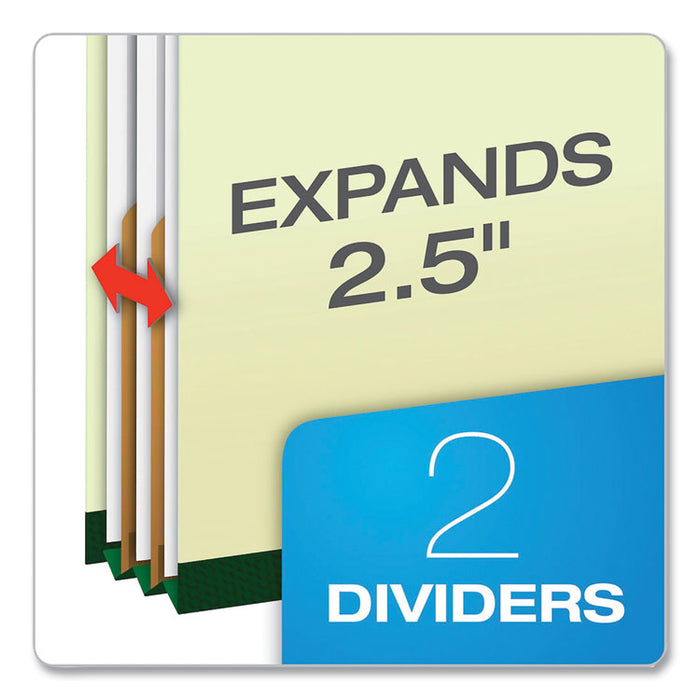 Six-Section Pressboard Classification Folders, Expands 2", 2 Dividers, 6 Embedded Fasteners, Letter Size, Green, 10/Box