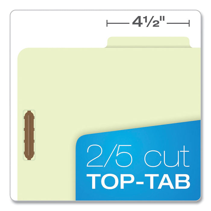 Six-Section Pressboard Classification Folders, Expands 2", 2 Dividers, 6 Embedded Fasteners, Letter Size, Green, 10/Box