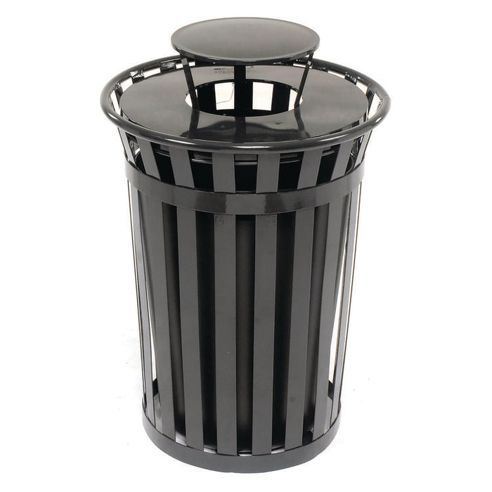 Outdoor Slatted Steel Trash Can, Rain Bonnet Lid, 36 gal, Black