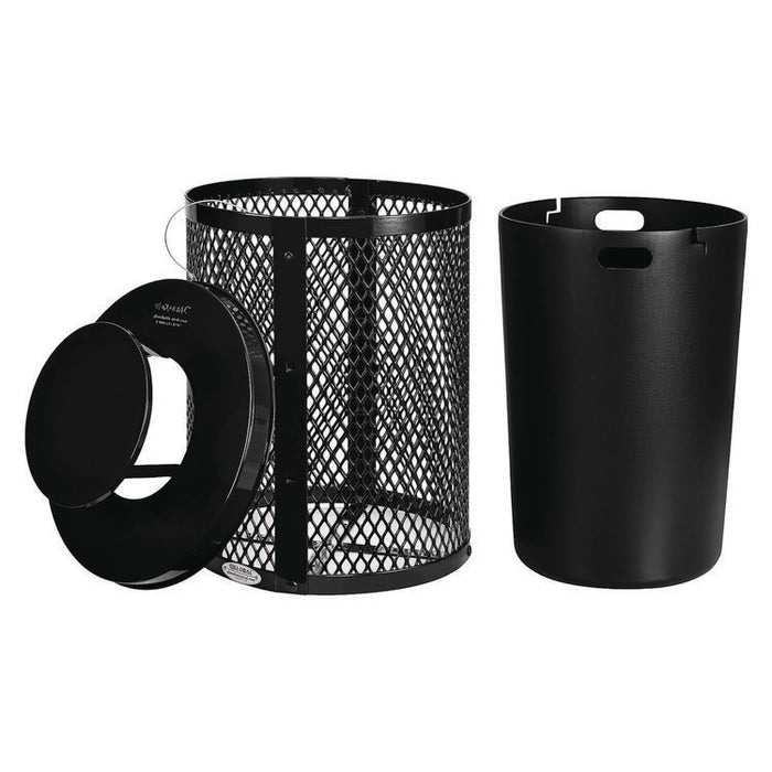 Outdoor Diamond Steel Trash Can, Rain Bonnet Lid, 36 gal, Black