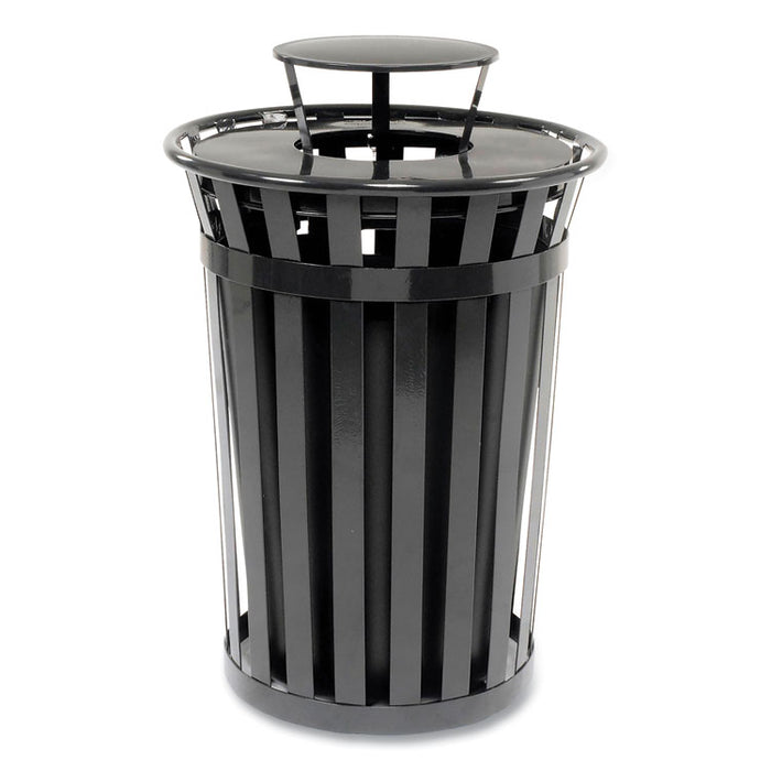 Outdoor Slatted Steel Trash Can, Rain Bonnet Lid, 36 gal, Black