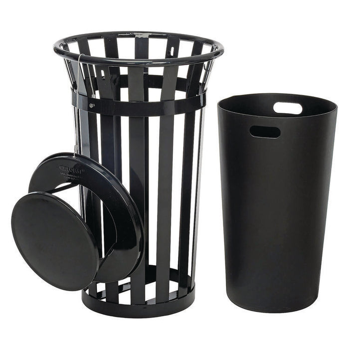 Outdoor Slatted Steel Trash Can, Rain Bonnet Lid, 24 gal, Black