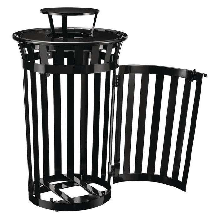 Outdoor Slatted Steel Trash Can, With Access Door and Rain Bonnet Lid, 36 gal, Black