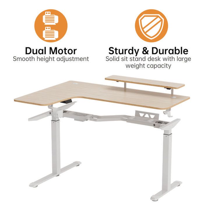 L-Shaped Standing Desk with Keyboard Tray, Left Desk, 61.25" x 43.25" x 34.38" to 52.88", Maple White/White
