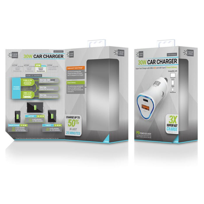 PD Car Charger, 30 W, Two 3 A Ports, White