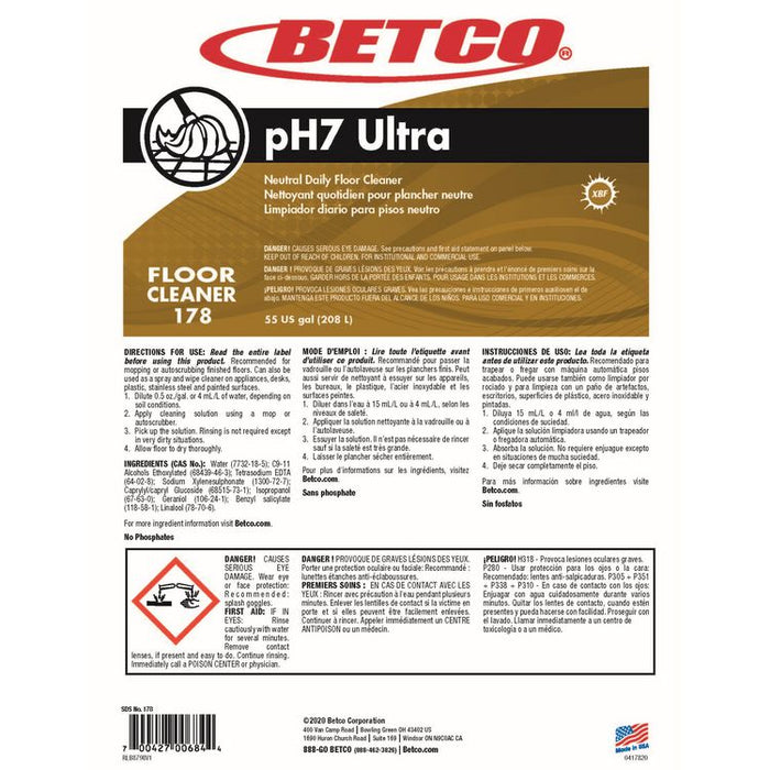 pH7 Ultra Floor Cleaner, Lemon Scent, 55 gal Drum