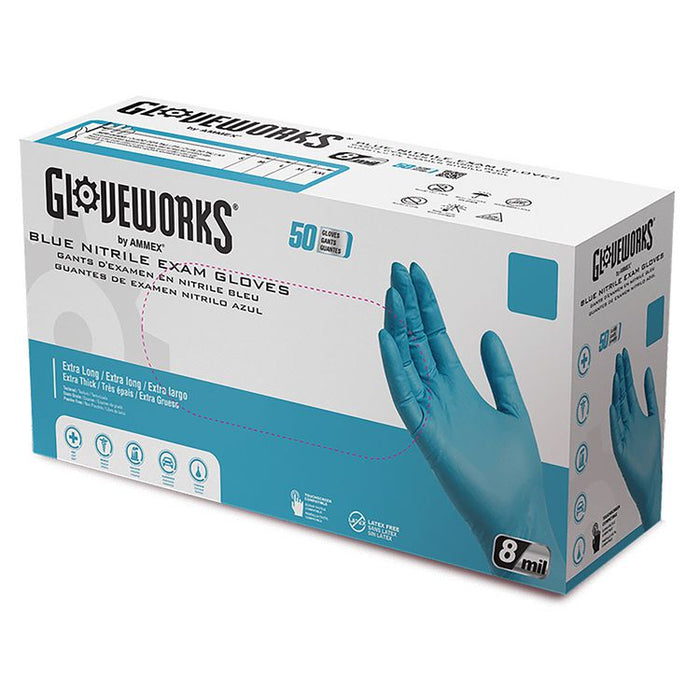 Blue Nitrile Exam Gloves, Powder-Free, Large, 8 mil Thick, 11.6" Long, Blue, 50/Box, 10 Boxes/Carton