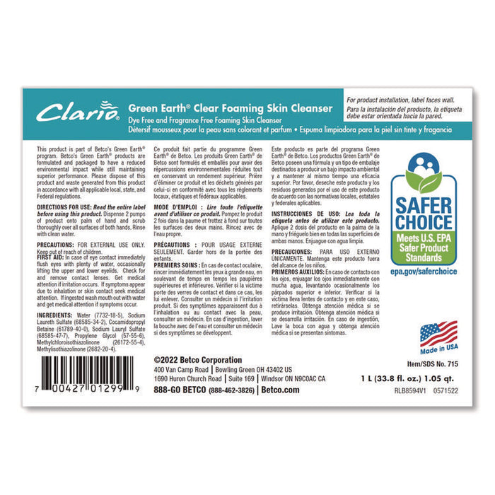 Green Earth Clear Foaming Skin Cleanser Refill, Fragrance-Free, 1,000 mL, 6/Carton
