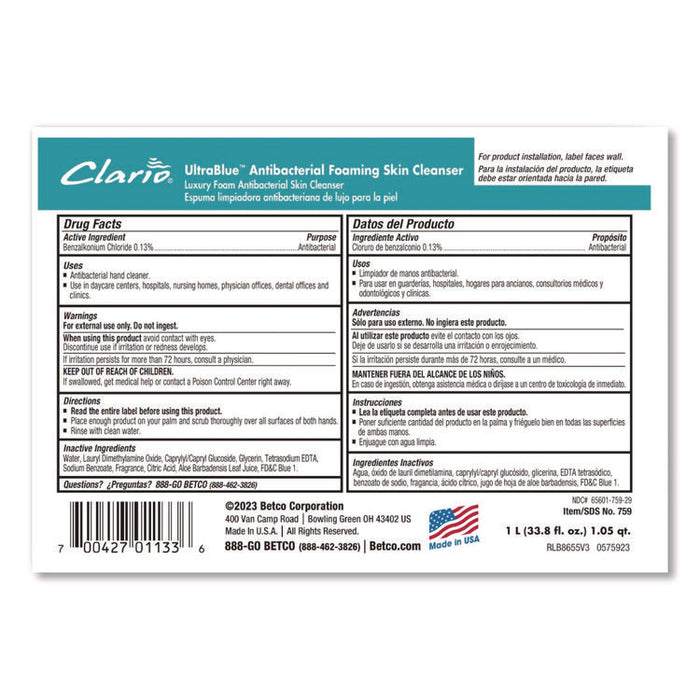 UltraBlue Antibacterial Foaming Skin Cleanser Refill, Fragrance-Free, 1,000 mL, 6/Carton