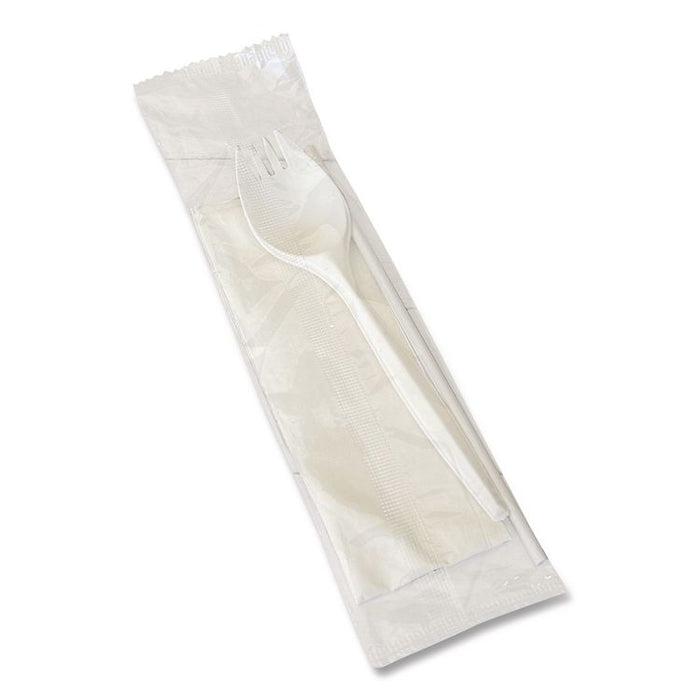School Cutlery Kit, Mediumweight, Napkin/Spork/Straw, 5.31", Plastic, White, 1,000/Carton