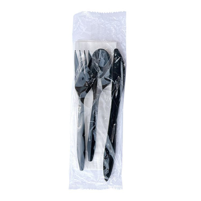 Four-Piece Cutlery Kit, Mediumweight, Fork/Knife/Napkin/Spoon, Plastic, 6.38", Black, 250/Carton