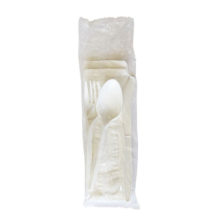 Four-Piece Polypropylene Cutlery Kit, Mediumweight, Fork/Knife/Napkin/Spoon, Plastic, White, 250/Carton