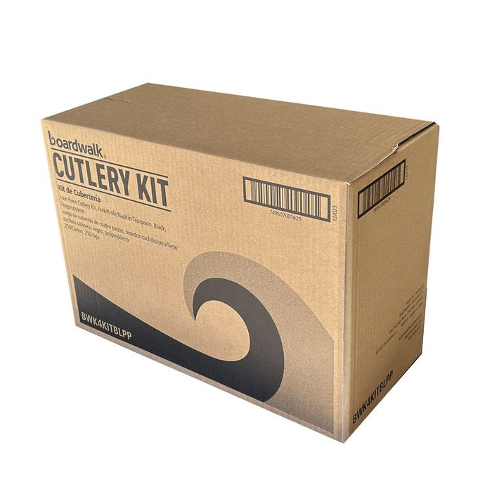 Four-Piece Cutlery Kit, Mediumweight, Fork/Knife/Napkin/Spoon, Plastic, 6.38", Black, 250/Carton