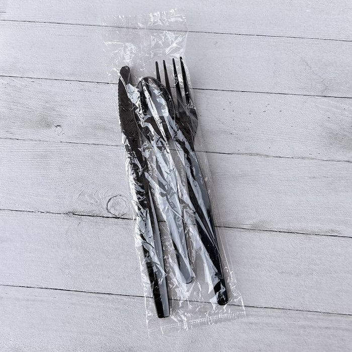 Three-Piece Polystyrene Cutlery Kit, Heavyweight, Fork/Knife/Spoon, Plastic, Black, 250/Carton