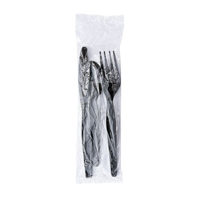 Three-Piece Polystyrene Cutlery Kit, Heavyweight, Fork/Knife/Spoon, Plastic, Black, 250/Carton