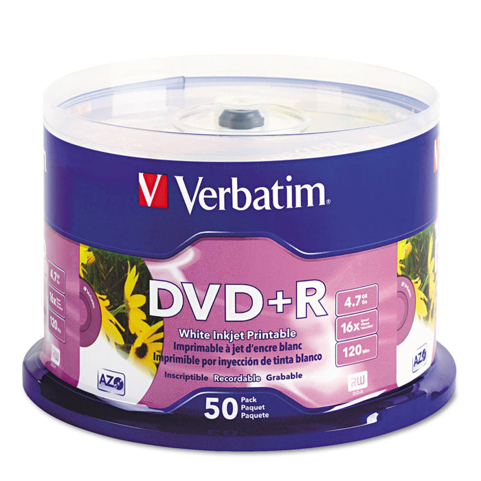 Inkjet Printable DVD+R Discs, White, 50/Pack
