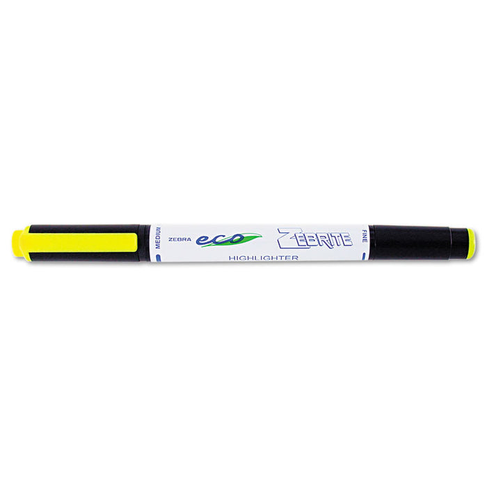 Zebrite Eco Double-ended Highlighter, Chisel/Bullet Tip, Fluorescent Yellow, Dozen