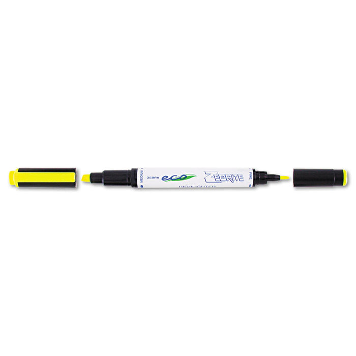 Zebrite Eco Double-ended Highlighter, Chisel/Bullet Tip, Fluorescent Yellow, Dozen