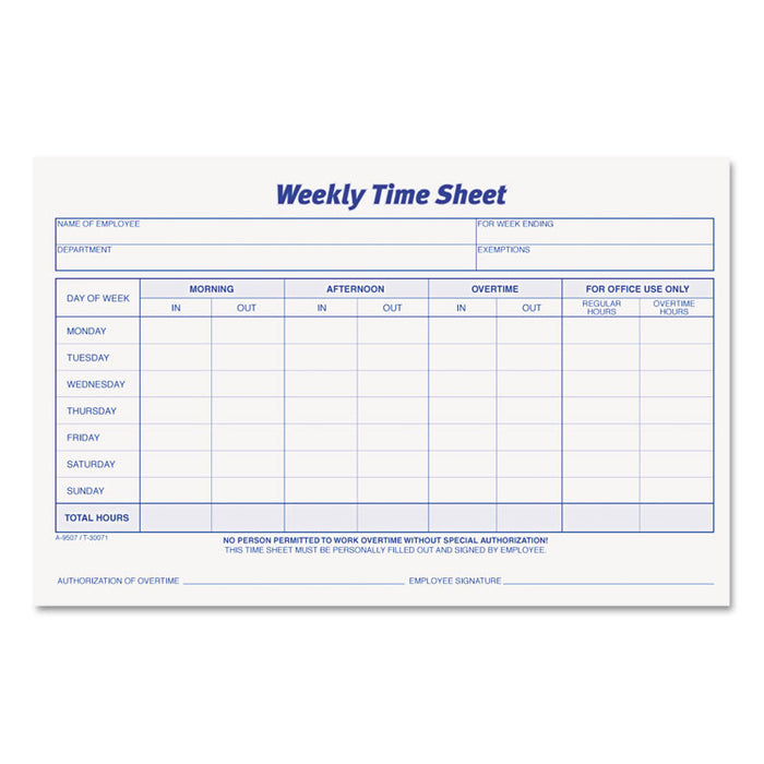 Weekly Time Sheets, 5.5 x 8.5, 1/Page, 50 Forms/Pad, 2 Pads/Pack