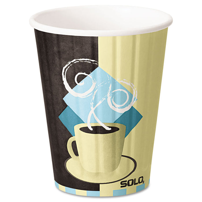 Duo Shield Insulated Paper Hot Cups, 12oz, Tuscan, Chocolate/Blue/Beige, 600/Ct