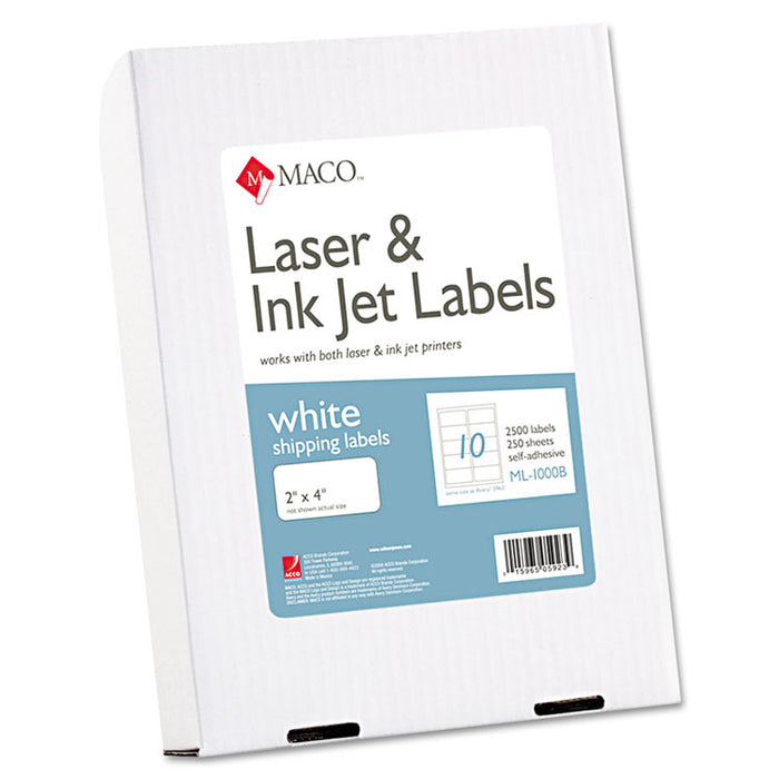White Laser/Inkjet Shipping and Address Labels, Inkjet/Laser Printers, 2 x 4, White, 10/Sheet, 250 Sheets/Box