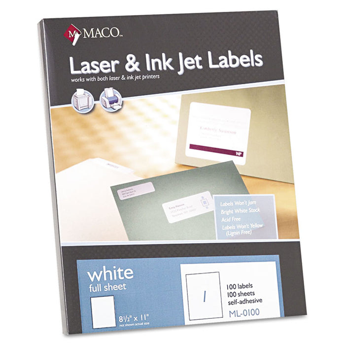 Cover-All Opaque Laser/Inkjet Shipping Labels, Full-Sheet Format, Inkjet/Laser Printers, 8.5 x 11, White, 100/Box