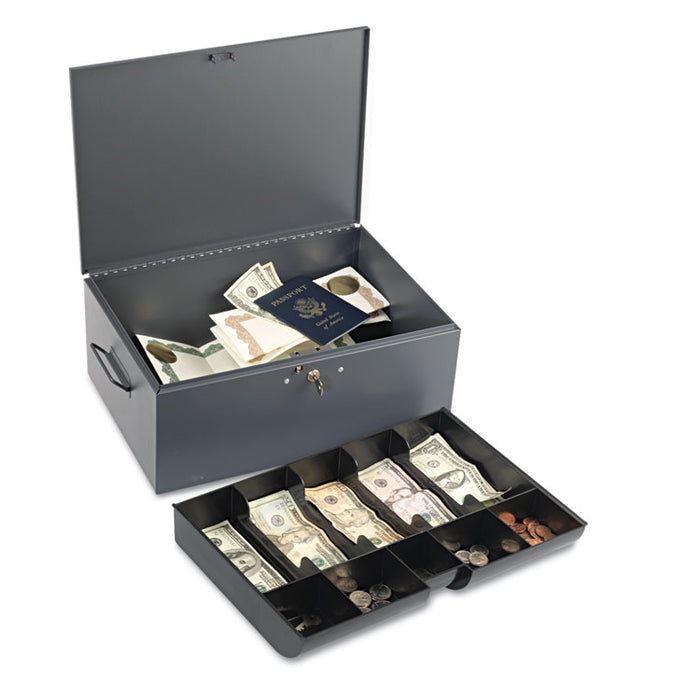 Extra Large Cash Box with Handles, Key Lock, Gray