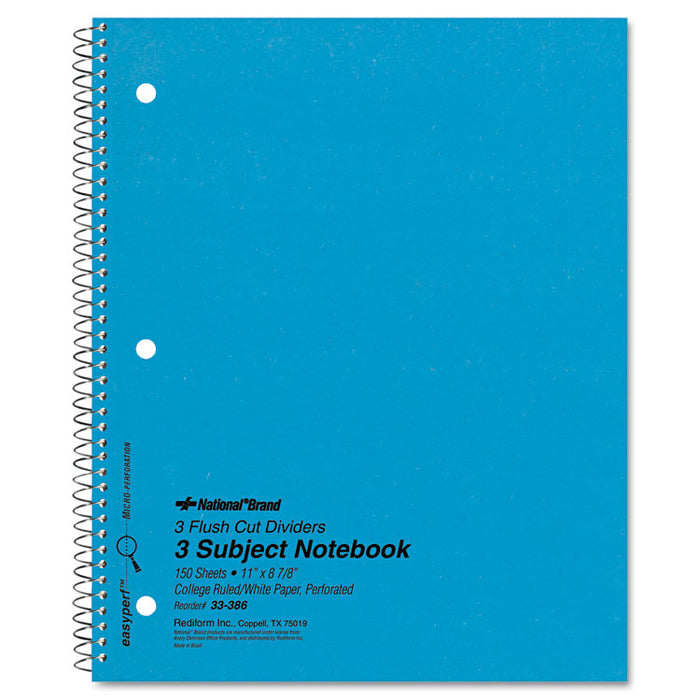 Three-Subject Wirebound Notebooks, 3 Subjects, Medium/College Rule, Blue Cover, 11 x 8.88, 150 Sheets