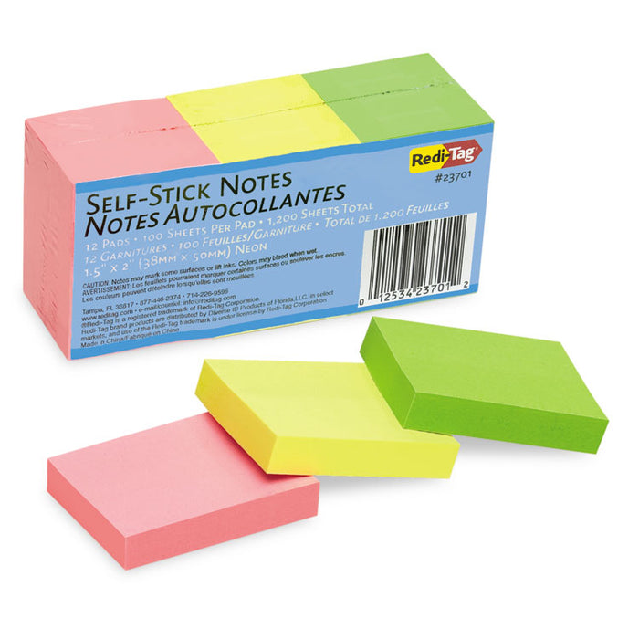 Self-Stick Notes, 1.5" x 2", Assorted Neon Colors, 100 Sheets/Pad, 12 Pads/Pack