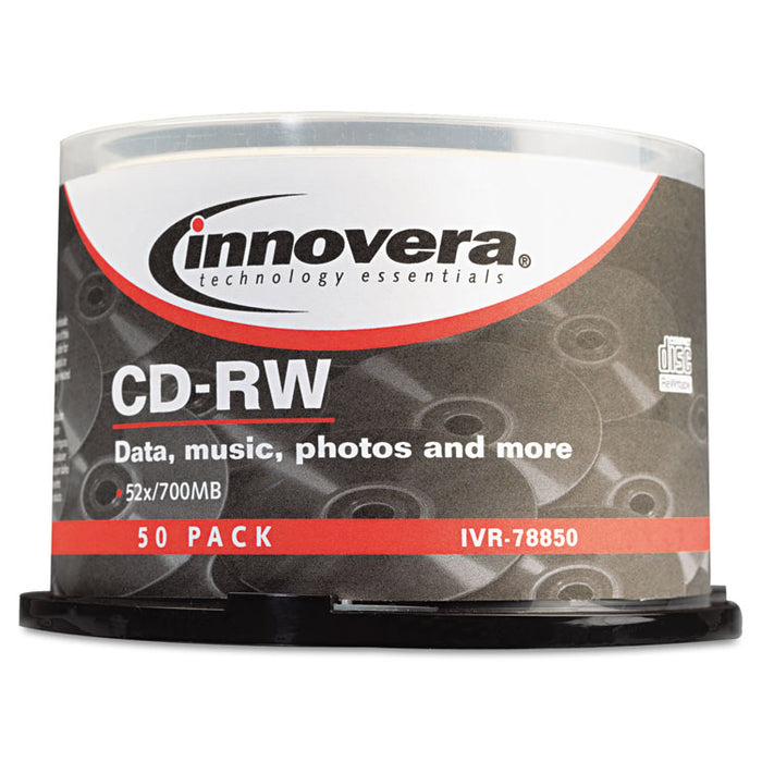 CD-RW Discs, Rewritable, 700MB/80min, 12x, Spindle, Silver, 50/Pack