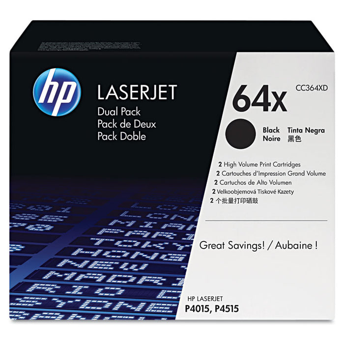 HP 64X, (CC364X-D) 2-Pack High-Yield Black Original LaserJet Toner Cartridges