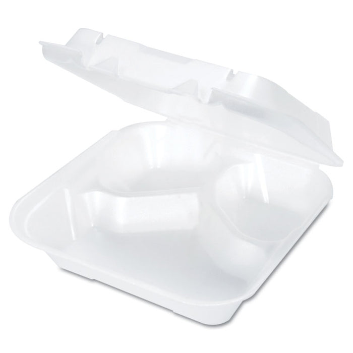 Snap-It Vented Foam Hinged Container, 3-Comp, White, 8 1/4x8x3, 100/BG, 2 BG/CT