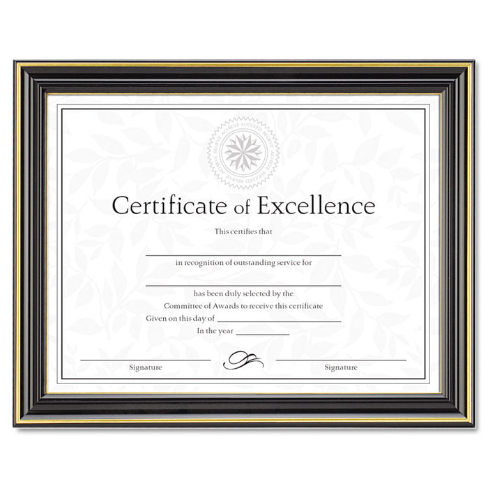 Gold-Trimmed Document Frame with Certificate, Plastic/Glass, 8.5 x 11, Black