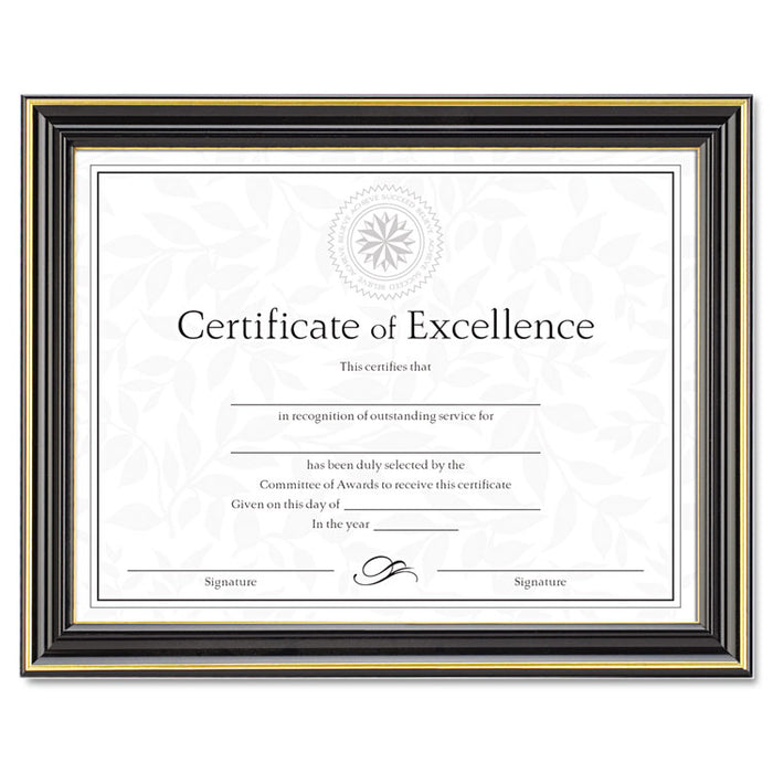 Gold-Trimmed Document Frame with Certificate, Plastic/Glass, 8.5 x 11, Black