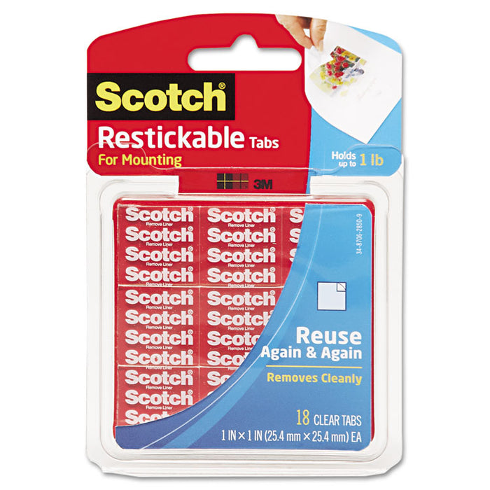 Restickable Mounting Tabs, Removable, Repositionable, Holds Up to 1 lb (4 Tabs), 1 x 1, Clear, 18/Pack